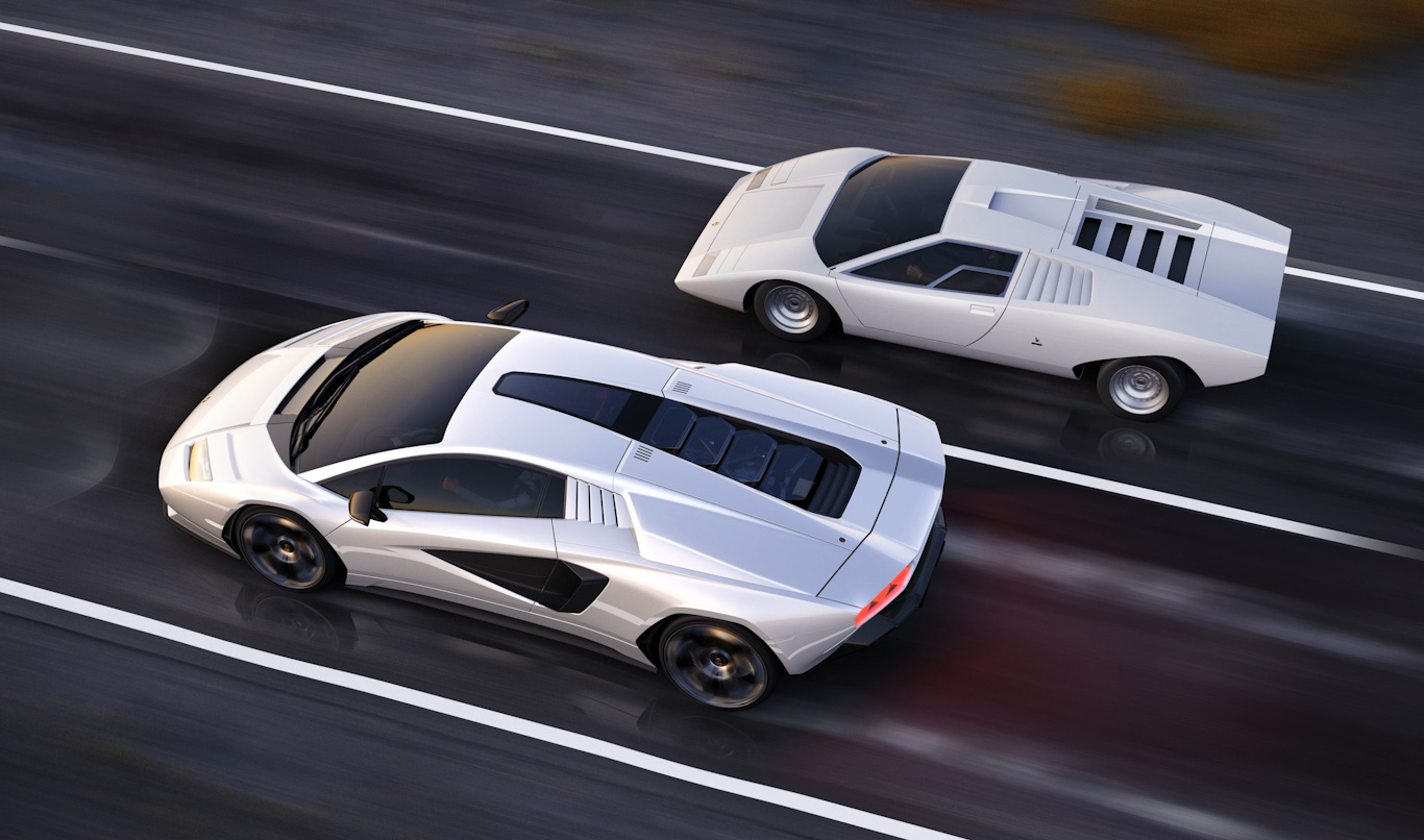 New and Old Lamborghini Countach in white on road side by side