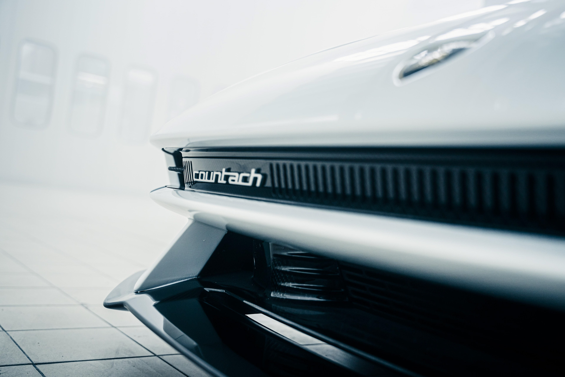 Close up of Lamborghini Countach 2022 front with focus on countach badge